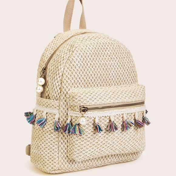 Boho Cream Straw Tassel Zipper Mini Backpack - Picture 2 of 5